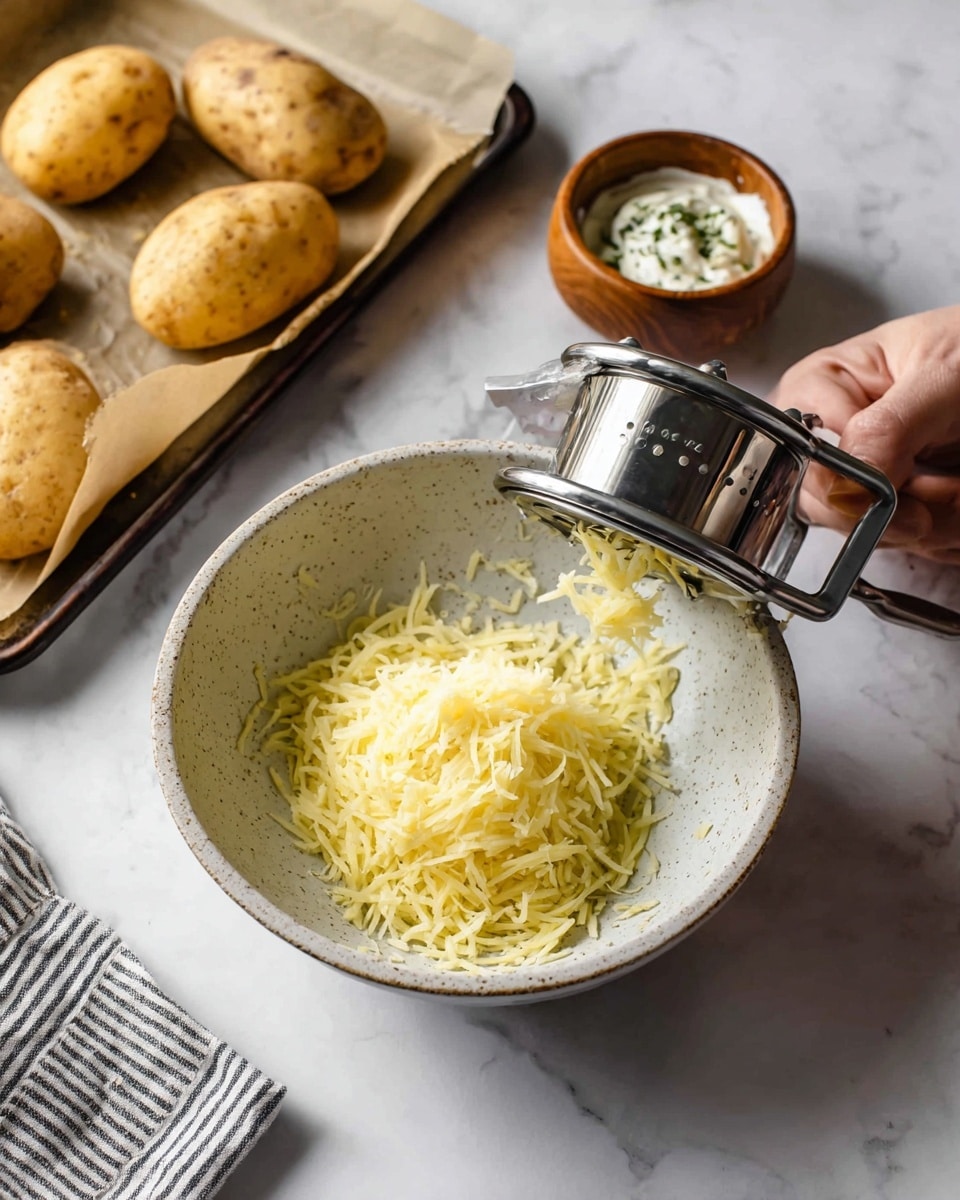 A pile of shredded light yellow potato sits in the center of a white speckled bowl. Above the potatoes, a metallic potato ricer is held by a woman's hand pressing down and fresh potato curls fall into the bowl. In the background, three whole golden-brown baked potatoes rest on parchment-lined baking trays on a white marbled surface. Nearby, a wooden bowl with creamy white sour cream with green herbs is partially visible next to a folded striped cloth napkin. Photo taken with an iphone --ar 4:5 --v 7