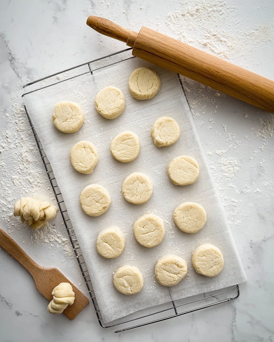 The image shows a baking wire rack covered with white parchment paper holding fifteen small, round dough pieces that are pale beige with a soft texture, spaced evenly across the paper. The rack is placed on a white marbled surface sprinkled lightly with flour. To the bottom left, there is a small twisted dough piece with a wooden spatula resting beside it. Above the rack, a wooden rolling pin with light wood grain lies horizontally. The overall scene reflects a clean kitchen setup preparing to bake fresh dough rounds photo taken with an iphone --ar 4:5 --v 7