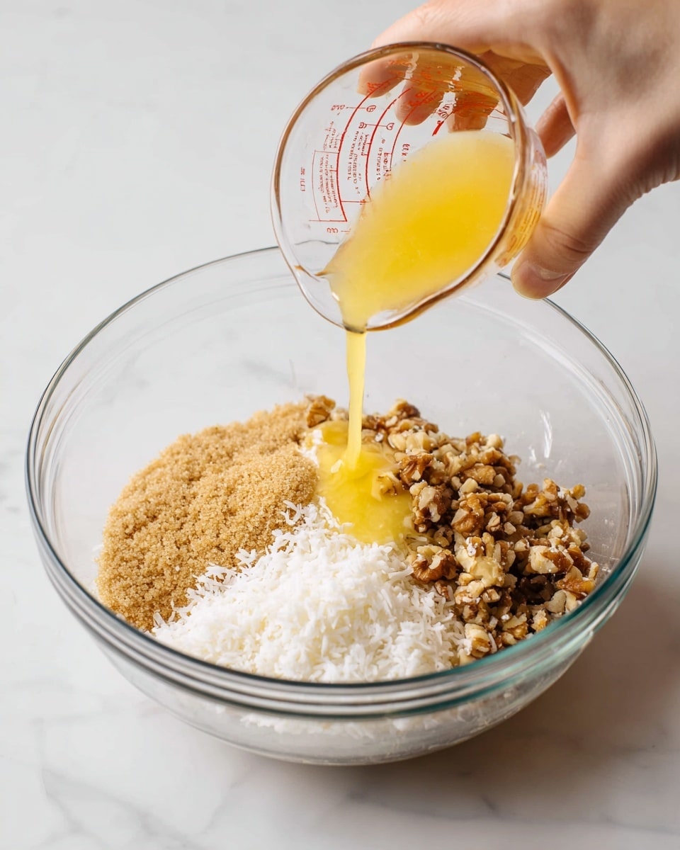 A clear glass bowl sits on a white marbled surface filled with three visible layers of ingredients: on the left, a light brown grainy layer of brown sugar; on the right, a fluffy white layer of shredded coconut; and underneath both, a layer of small brown chopped nuts. A woman's hand pours glossy melted butter from a clear measuring cup onto the center of the bowl, creating a yellow shiny stream over the layers. photo taken with an iphone --ar 4:5 --v 7