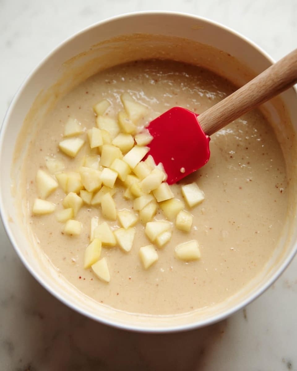 A close-up image shows a white bowl filled with smooth light beige batter and topped with small pale yellow diced apple pieces on one side. A wooden spoon with a red silicone spatula is partially dipped into the batter, resting inside the bowl. The bowl sits on a white marbled surface. Photo taken with an iphone --ar 4:5 --v 7