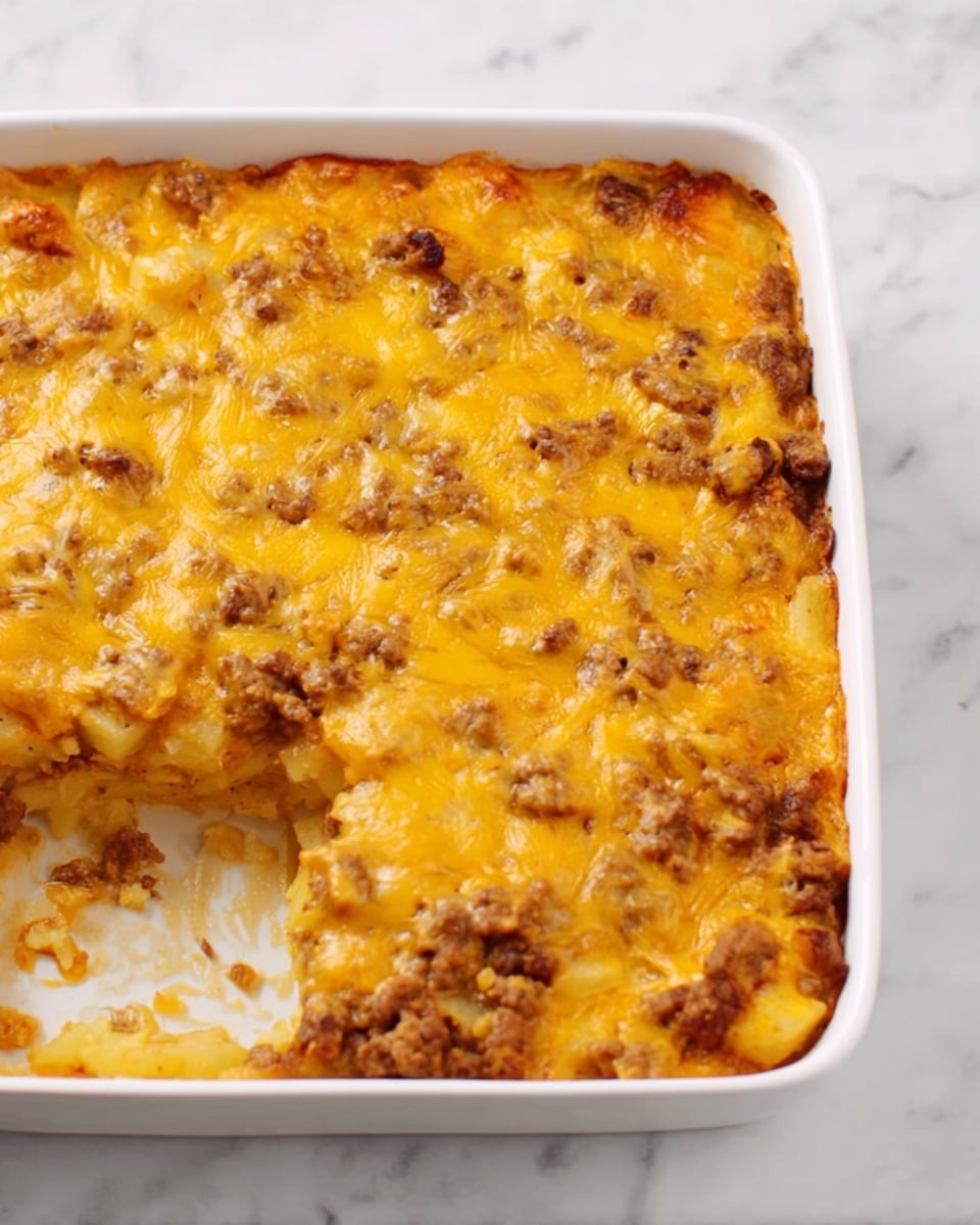 A square white ceramic baking dish filled with three layers visible through the top: a bottom layer of small chopped potatoes in light golden color, a middle layer of browned ground meat with a rough texture, and a top layer of melted cheddar cheese that is golden yellow, melted evenly covering the whole dish with some browned spots. The dish sits on a white marbled background, showing the cheese slightly oozing around the edges. Photo taken with an iphone --ar 4:5 --v 7
