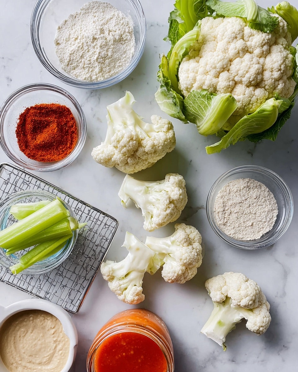 The image shows several fresh cauliflower pieces with white florets and light green leaves, placed on a white marbled surface. At the top right is a whole head of cauliflower with green leaves. Surrounding the cauliflower are clear glass bowls containing white flour and white powder, a small bowl with red spice, a bowl with light beige powder, and a bowl of green celery sticks in water. At the center left, there is a jar filled with bright orange-red sauce, and next to it is a small round bowl with thick beige creamy sauce. A silver wire rack is placed on the left side. The scene is bright and clean with a fresh look, photo taken with an iphone --ar 4:5 --v 7