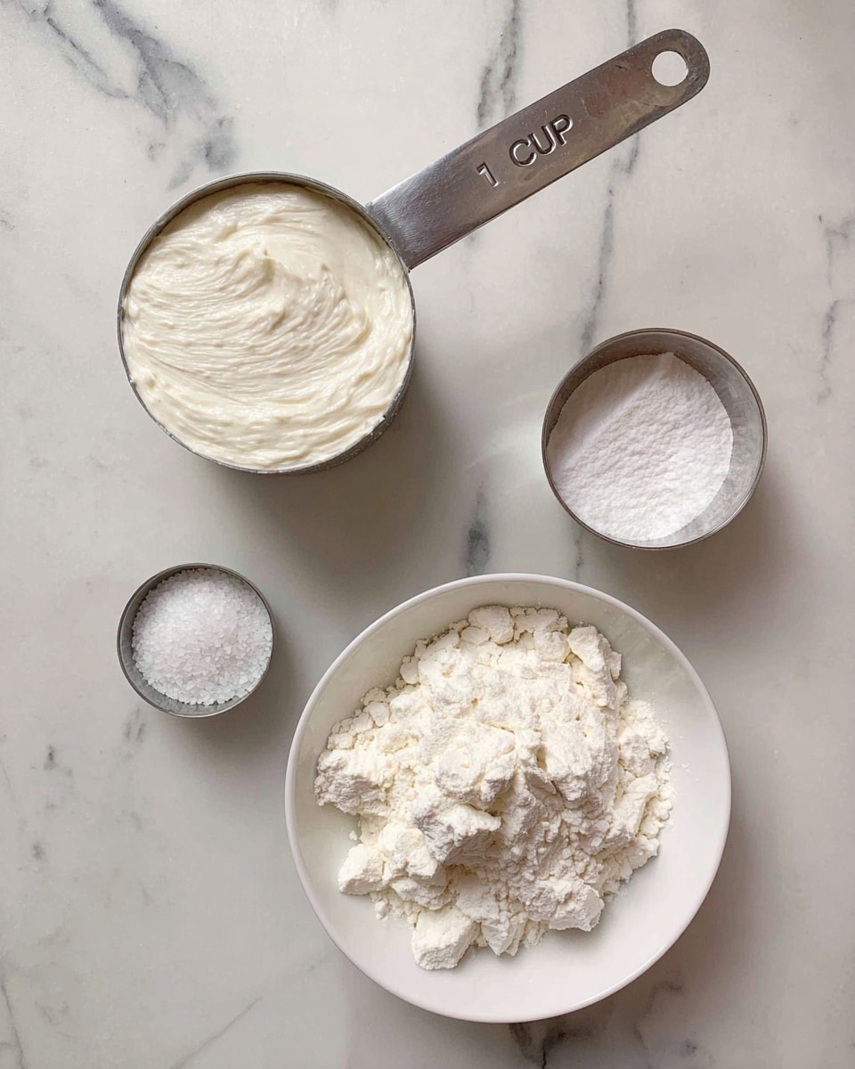 The image shows four containers with white ingredients placed on a white marbled surface. At the bottom right, there is a white bowl filled with a powdery white substance, likely flour, with some clumps. To the top left of this bowl is a metal measuring cup labeled
