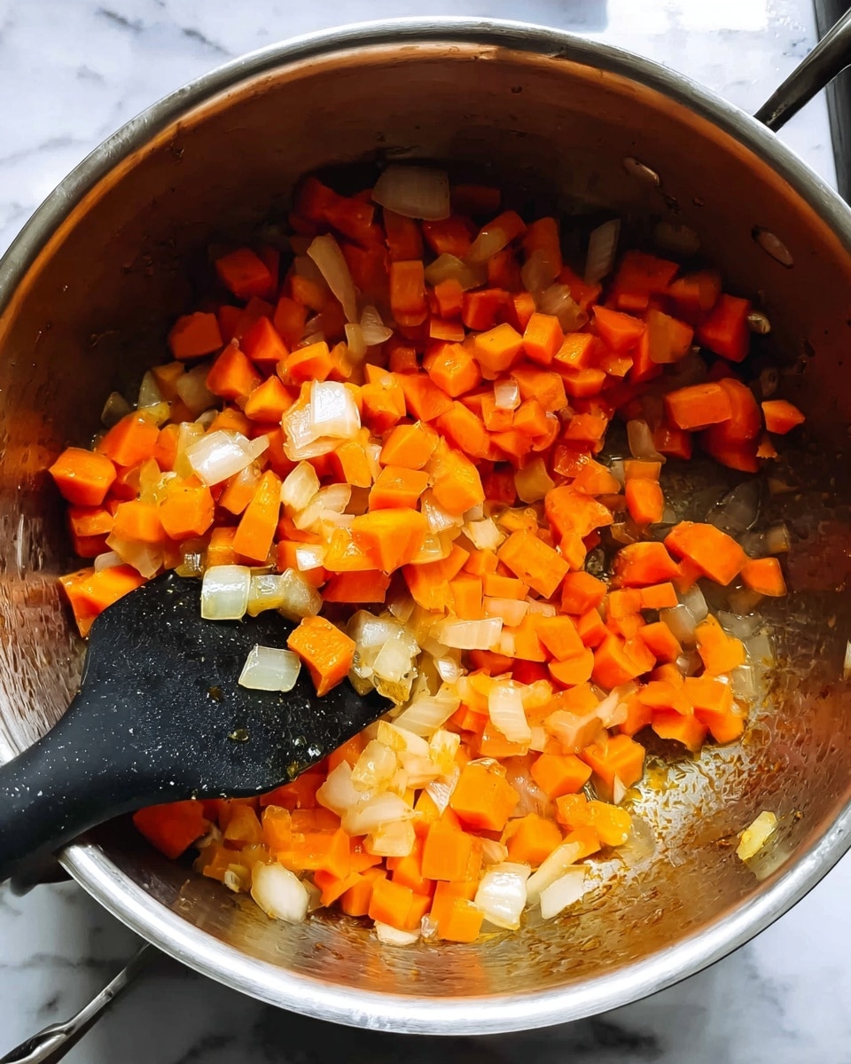 A close-up view inside a shiny metal pot with small, diced orange carrots and white onions being cooked and mixed with a black spatula, the vegetables showing soft textures and bright colors, sitting on a white marbled surface, photo taken with an iphone --ar 4:5 --v 7