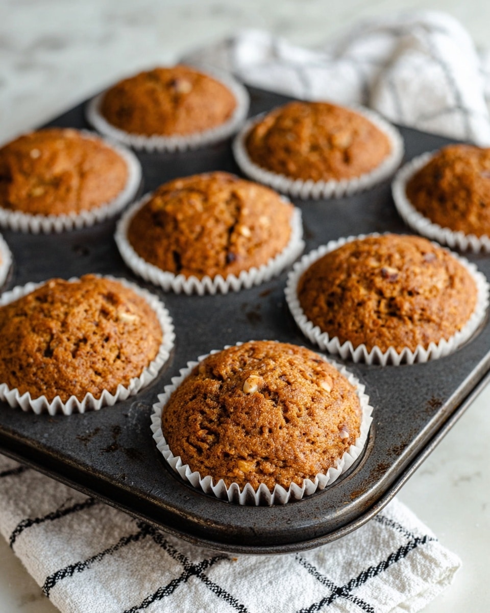 Six brown muffins with a rough, slightly cracked top texture sit in a dark metal muffin tray. Each muffin is wrapped in a white paper liner. The tray rests on a white marbled surface, and a white cloth with a black checkered pattern is seen blurred in the background. The muffins have small visible bits inside them, suggesting ingredients like nuts or fruit pieces. photo taken with an iphone --ar 4:5 --v 7