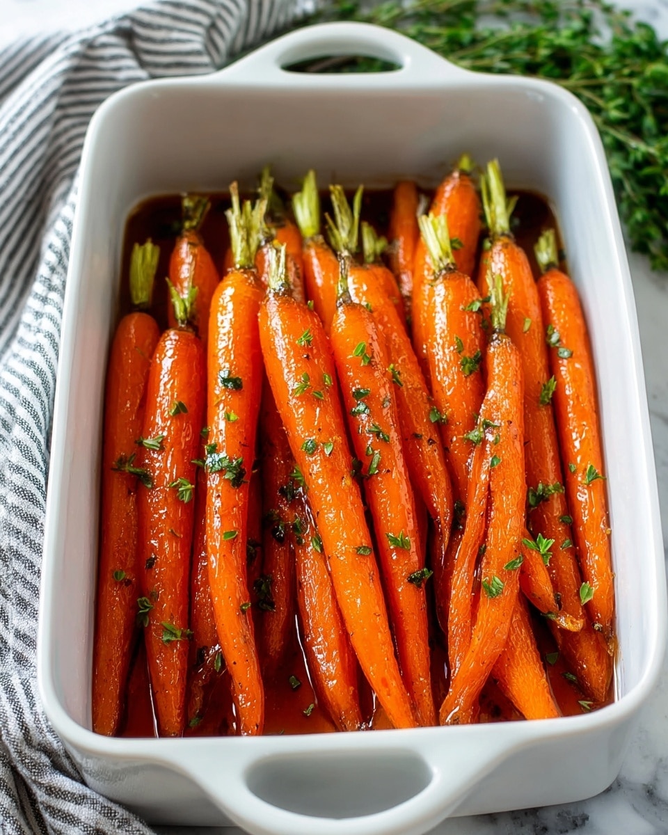 The image shows a white rectangular baking dish filled with one layer of roasted whole carrots. The carrots are bright orange with a shiny, glazed texture and small green herb pieces scattered on top. Each carrot has its green stem end still attached. The dish is placed on a white marbled surface, with leafy green herbs and a striped cloth partially visible in the background. Photo taken with an iphone --ar 4:5 --v 7