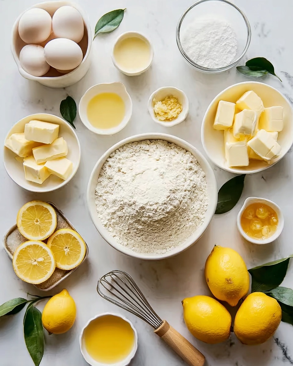 A top-down view shows white bowls and plates arranged on a white marbled surface, filled with baking ingredients. In the center is a large white bowl filled with white flour. To the left, there is a bowl with five eggs and a chunk of butter, and below it, another bowl holds several lemon slices. Above the eggs is a small bowl with blocks of butter, and next to it, a glass bowl contains white granulated sugar. On the right side, there are whole yellow lemons with green leaves scattered around, a single egg, and small white bowls holding melted butter and more butter chunks. A wooden spoon and a wire whisk with some butter on it are also placed on the surface. The photo taken with an iphone --ar 4:5 --v 7