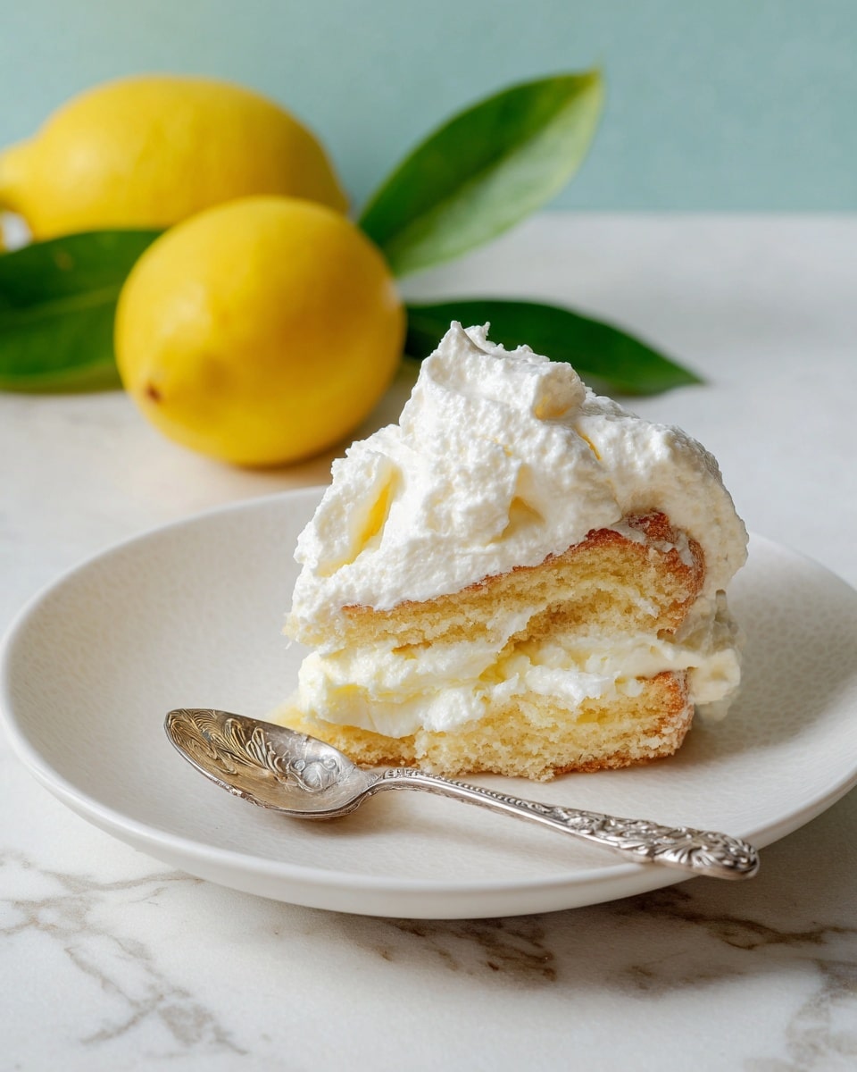 A white plate holds a single slice of layered cake that has three visible layers of soft, light yellow sponge cake separated by thick, creamy white filling. On top, there is a generous, fluffy layer of white whipped cream with a textured, smooth surface that rises unevenly. Next to the cake on the plate is a vintage silver spoon with floral patterns on the handle. In the background, there are two bright yellow lemons resting on a green leaf. All of this is set on a white marbled surface. Photo taken with an iphone --ar 4:5 --v 7