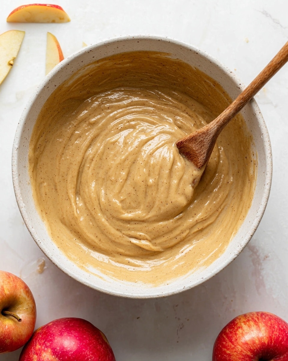 A white bowl with smooth light brown batter inside, thick and creamy in texture with visible small specks mixed in. A wooden spoon with a long handle rests inside the bowl, partially covered by the batter. The bowl is on a white marbled surface with two red apples nearby at the bottom right corner and apple peels scattered on the top left. The batter appears freshly stirred with swirls visible in the middle. Photo taken with an iphone --ar 4:5 --v 7