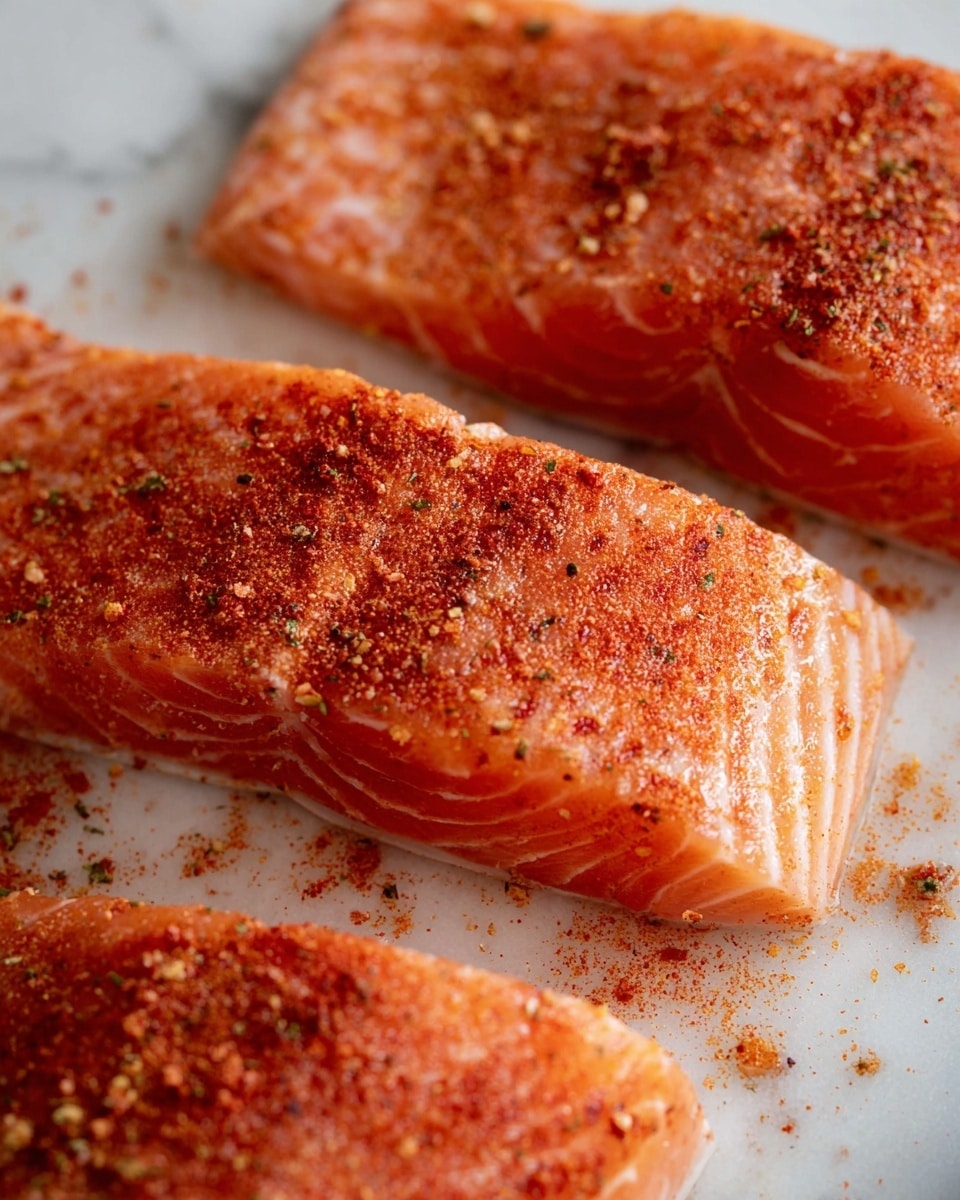 Three pieces of raw salmon fillets lie flat on a white marbled surface, each covered in a layer of red-orange seasoning sprinkled evenly on top. The salmon flesh is a soft pinkish-orange with subtle white lines running through it, showing the fresh texture. The seasoning adds a rough texture with a mix of fine grains and small herb specks, creating a contrast with the smooth fish underneath. The pieces are arranged close to each other, filling most of the image area. Photo taken with an iphone --ar 4:5 --v 7