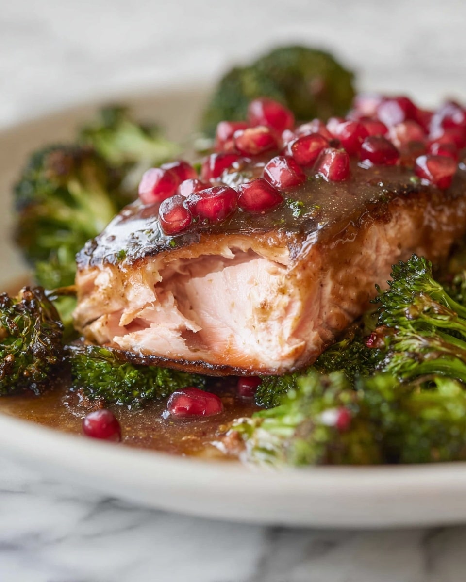 The dish shows a thick piece of cooked salmon with a brown, slightly shiny sauce on top, garnished with bright red pomegranate seeds. The salmon is flaky with a tender pink inside, and the top has a crispy brown crust. Around the salmon, there are small pieces of roasted green broccoli with some charred edges. All ingredients sit on a white plate with a subtle texture, and the background is a white marbled surface. Photo taken with an iphone --ar 4:5 --v 7
