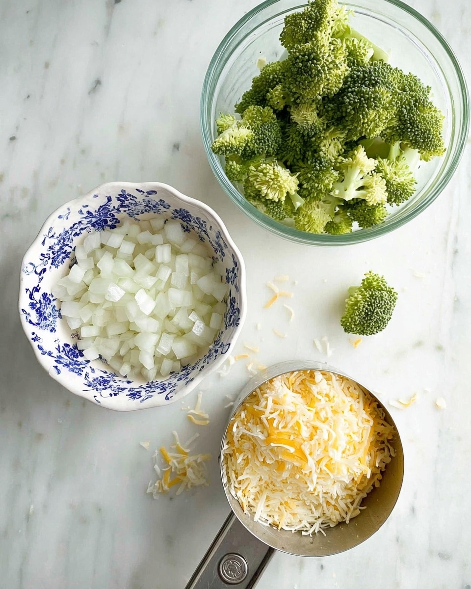 The image shows three groups of ingredients on a white marbled surface: at the bottom left, there is a white bowl with a blue floral pattern filled with small, white chopped onions; at the top right, there is a clear glass measuring cup filled with green broccoli florets; and in the center right, a metal measuring cup holds a mix of shredded yellow and white cheese, with some cheese scattered around it. A small broccoli piece is also on the surface near the measuring cup. Photo taken with an iphone --ar 4:5 --v 7