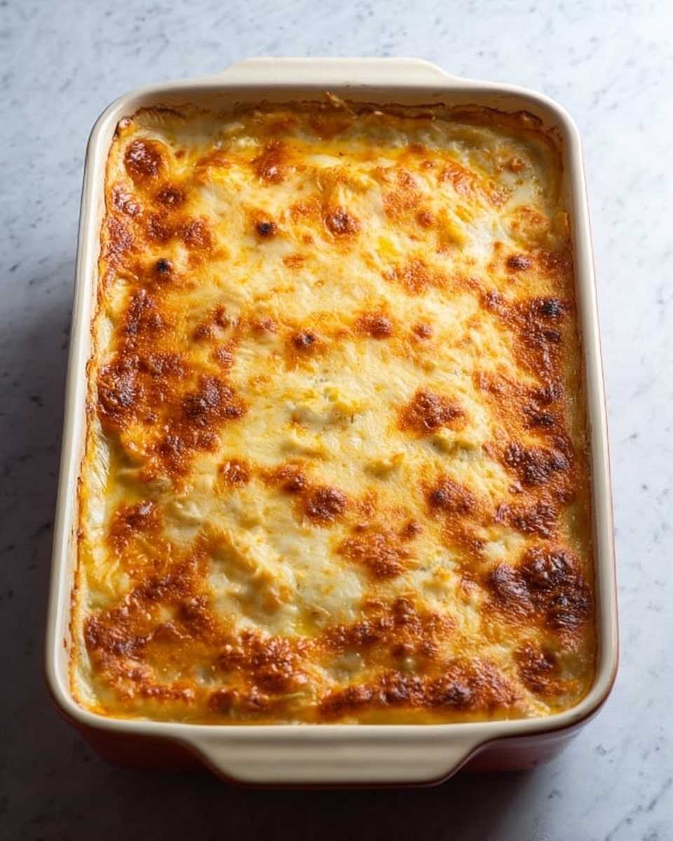 A rectangular white baking dish filled with a layered casserole topped with a bubbly, golden brown cheese layer that is slightly crispy at the edges. The top layer has a smooth, melted texture with hints of browned spots that show it was baked well. The dish sits on a surface with white marbled texture, giving it a clean and bright background. photo taken with an iphone --ar 4:5 --v 7