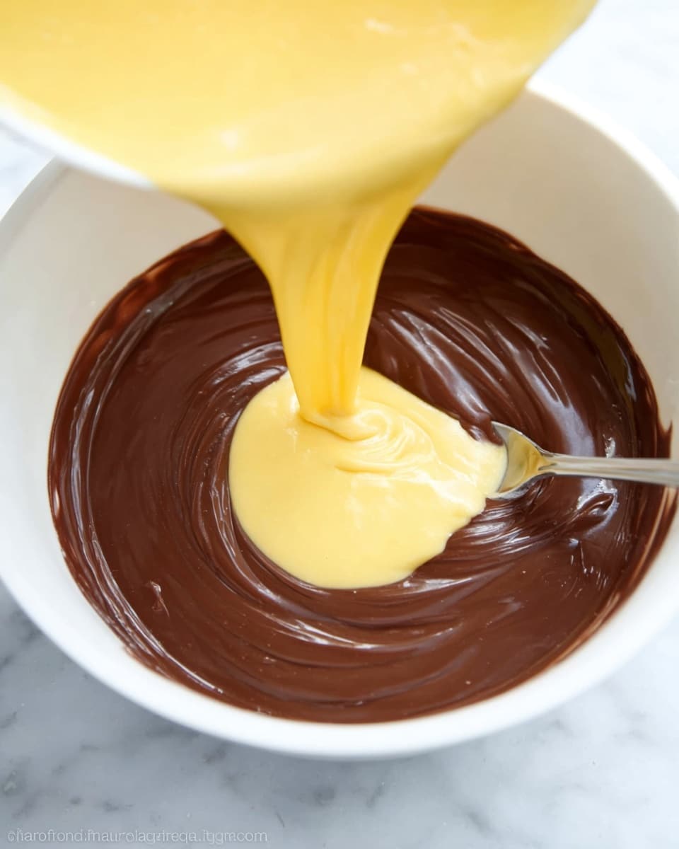 A white bowl filled with a smooth dark brown chocolate mixture with a shiny texture. A thick, creamy yellow batter is being poured from above into the center of the chocolate layer, creating a swirling pattern as the two mix slightly. A metal spoon is partially visible on the right side, resting inside the bowl, touching the brown chocolate. The background shows a white marbled surface. Photo taken with an iphone --ar 4:5 --v 7