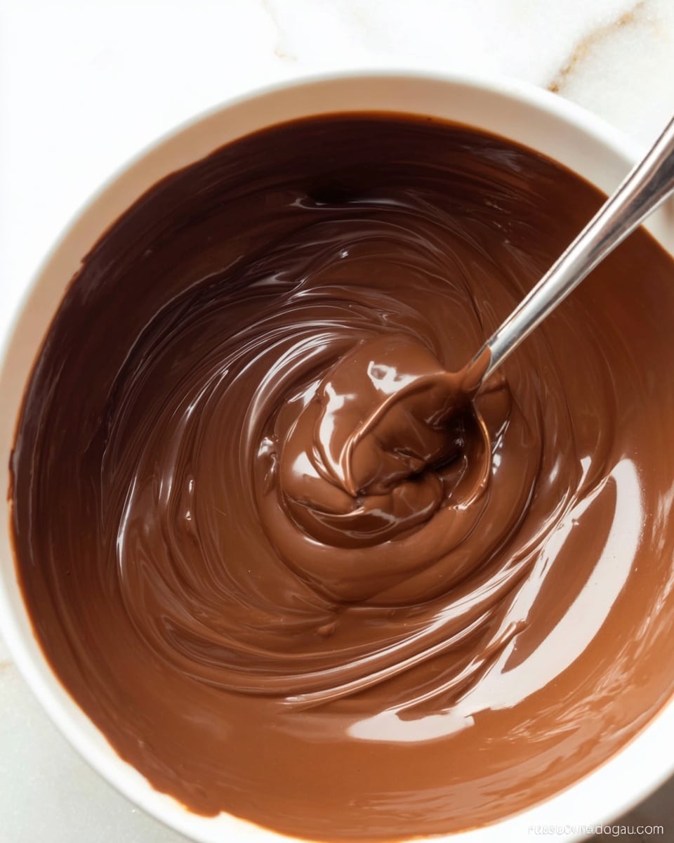 A close-up view of smooth, melted chocolate being stirred with a silver spoon in a white bowl. The chocolate has a shiny, thick texture with visible swirling patterns as it moves around the spoon. The bowl sits on a white marbled surface, which reflects light softly, enhancing the rich, warm brown tones of the chocolate. The image captures the glossy surface and creamy flow of the chocolate as it blends. photo taken with an iphone --ar 4:5 --v 7