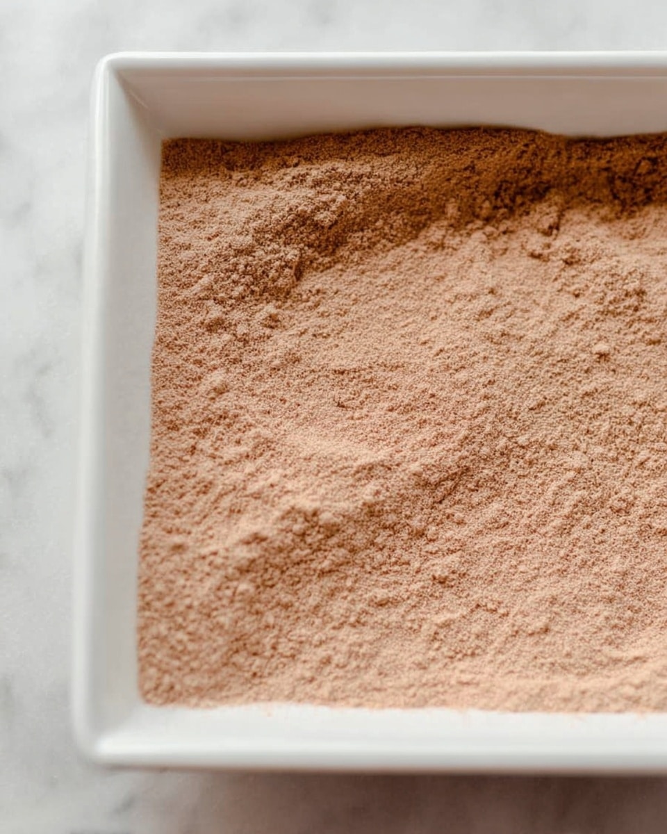The image shows a close-up of a single layer of light brown powder spread evenly across the bottom of a white rectangular dish. The powder has a fine, slightly grainy texture and covers the entire visible surface inside the dish. The dish sits on a white marbled surface. photo taken with an iphone --ar 4:5 --v 7