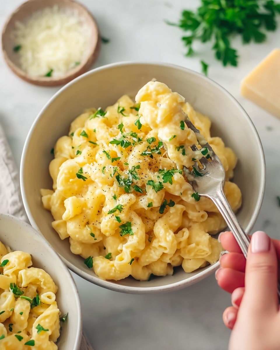 A close-up of a white bowl filled with creamy yellow macaroni and cheese topped with small bright green parsley pieces. The macaroni is curly and thick, looking soft and rich, with a smooth texture. A woman's hand holds a fork with a scoop of the macaroni and cheese, showing its creamy texture and the parsley garnish on top. The bowl is placed on a white marbled surface, and in the background, there is a small dish of grated cheese and some scattered parsley pieces. The scene is well-lit with natural light. photo taken with an iphone --ar 4:5 --v 7
