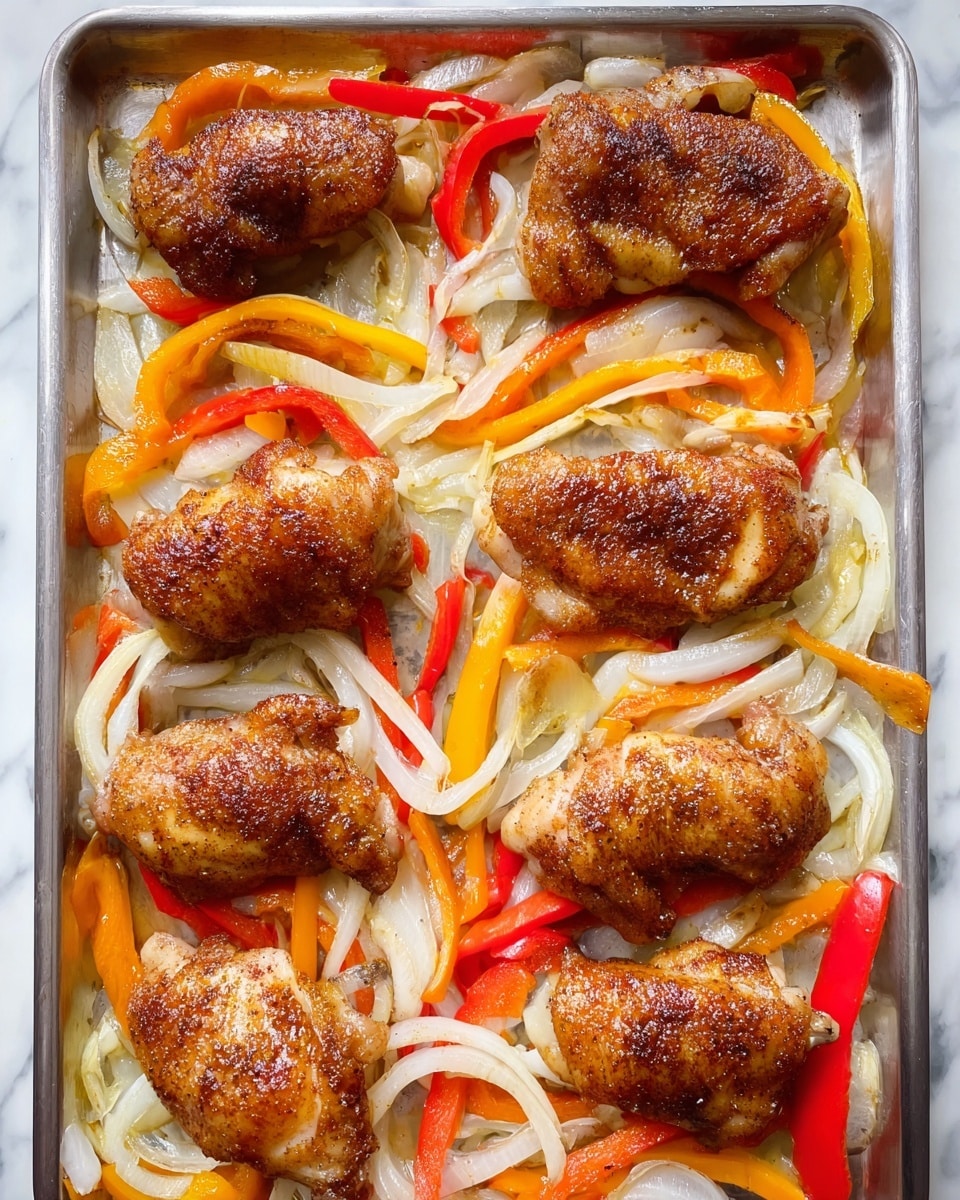 The image shows a baking tray with eight pieces of cooked, seasoned chicken thighs arranged in two rows, each piece golden brown with a slightly crispy texture. Underneath and around the chicken pieces, thinly sliced onions and strips of red, orange, and yellow bell peppers are spread out as the vegetable layer, creating a colorful base with white, red, and orange tones. The tray sits on a white marbled surface. photo taken with an iphone --ar 4:5 --v 7