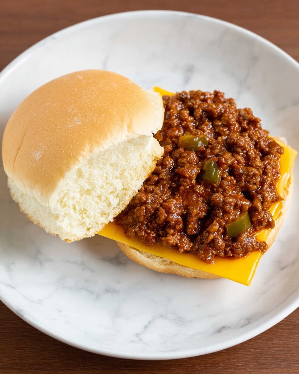 A white plate with a burger open flat showing two layers, the left side has a light tan soft bun top with a fluffy texture, the right side has a cooked yellow cheddar cheese slice as the first layer and a thick layer of chunky brown chili with visible bits of ground meat and small pieces of green pepper on top. The plate is on a white marbled surface photo taken with an iphone --ar 4:5 --v 7