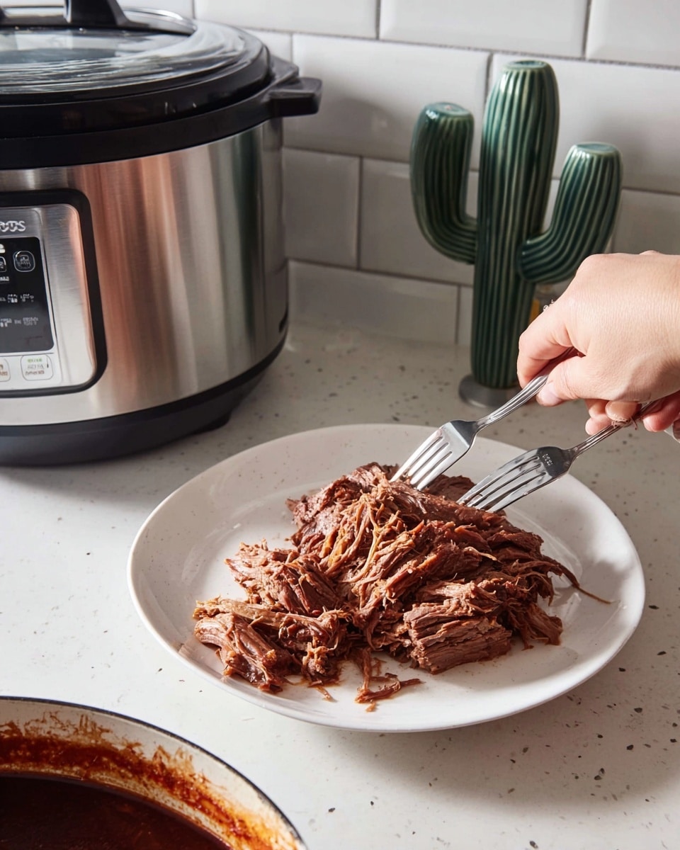 A white plate holds a large piece of cooked beef being shredded by a woman's hand using two forks. The beef is deep brown with a rough, textured surface and soft interior strands falling apart. The plate sits on a white marbled countertop next to a stainless steel slow cooker with a black rim, partially filled with dark, rich sauce. In the background, green ceramic cactus decorations and white subway tiles add detail to the kitchen setting. photo taken with an iphone --ar 4:5 --v 7