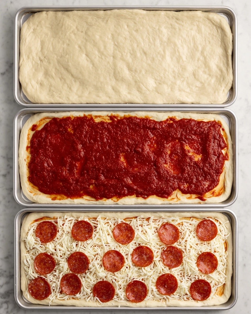 The image shows three stages of making a rectangular pizza on a white marbled surface. The first stage includes a plain, uncooked dough layer that is light beige with smooth, slightly uneven texture and rounded edges, filling a metal tray. The second stage shows the same dough with a thick, spread layer of deep red tomato sauce that has a slightly chunky texture, spread evenly but leaving a small border of dough visible around the edges. The third stage adds a layer of shredded white cheese scattered evenly over the sauce, topped with round slices of pepperoni, reddish-brown in color, spread irregularly on the surface. Photo taken with an iphone --ar 4:5 --v 7