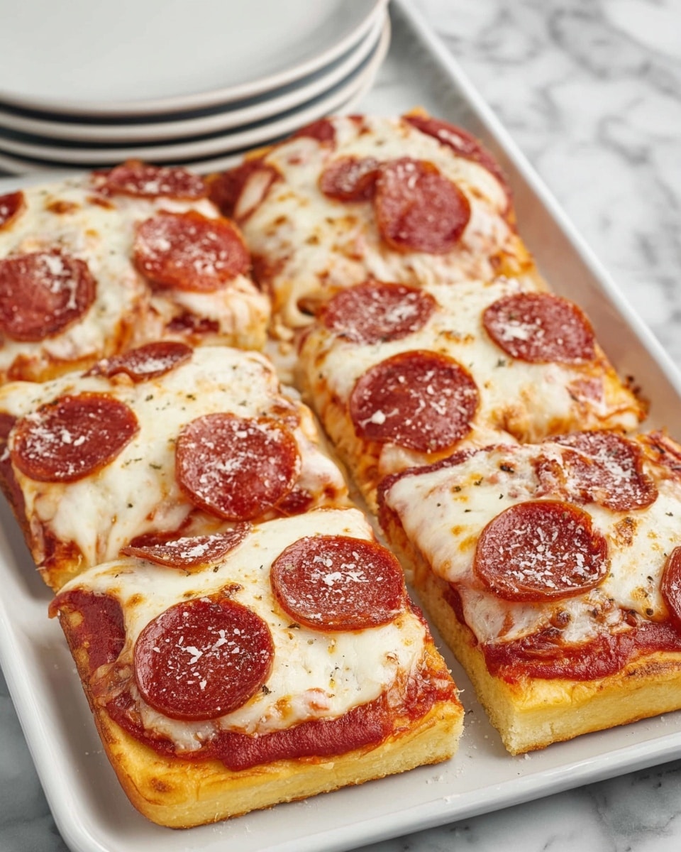 A rectangular white tray holds a pepperoni pizza cut into six square slices. The bottom layer is a thick, golden-brown crust with a soft texture. On top of the crust is a layer of bright red tomato sauce, partially visible along the edges. The next layer is melted white cheese, which is stretchy and covers the whole pizza evenly. Each slice has several round, dark red pepperoni slices spread across the cheese. Some pepperoni slices have a light sprinkle of grated cheese or seasoning on top. The tray rests on a white marbled surface, and in the background, there are two stacked white plates. Photo taken with an iphone --ar 4:5 --v 7