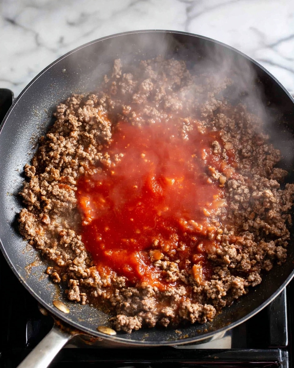 A black frying pan filled with one main layer of cooked ground meat and a pool of bright red sauce in the center, creating a mix of brown and red colors with a soft, slightly chunky texture. Thin steam rises above the pan, showing the hot, fresh cooking process. The pan is placed over a stove, and the background features a white marbled texture. photo taken with an iphone --ar 4:5 --v 7