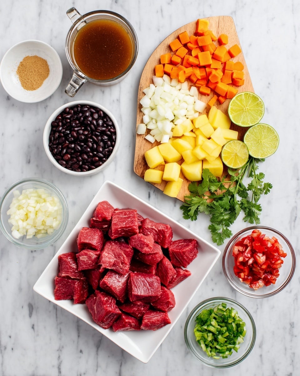 A white square dish holds bright red chunks of raw beef in the center of the image. Above it, a small wooden board displays three layers: diced white onions on top, orange baby carrots in the middle, and yellow peeled potato pieces at the bottom, with fresh green cilantro and two lime halves placed on the top right of the board. Surrounding the dish and board are several small bowls and dishes: a round white bowl with black beans at the left, a small white dish with minced garlic below it, a clear bowl of reddish diced tomatoes with some liquid next to that, a small clear bowl of chopped green peppers at the right, a small square white bowl with dark brown sauce above the beef, a glass cup filled with brown broth at the top left, and a small glass bowl of light brown powder near the top right. All is set on a white marbled textured surface photo taken with an iphone --ar 4:5 --v 7