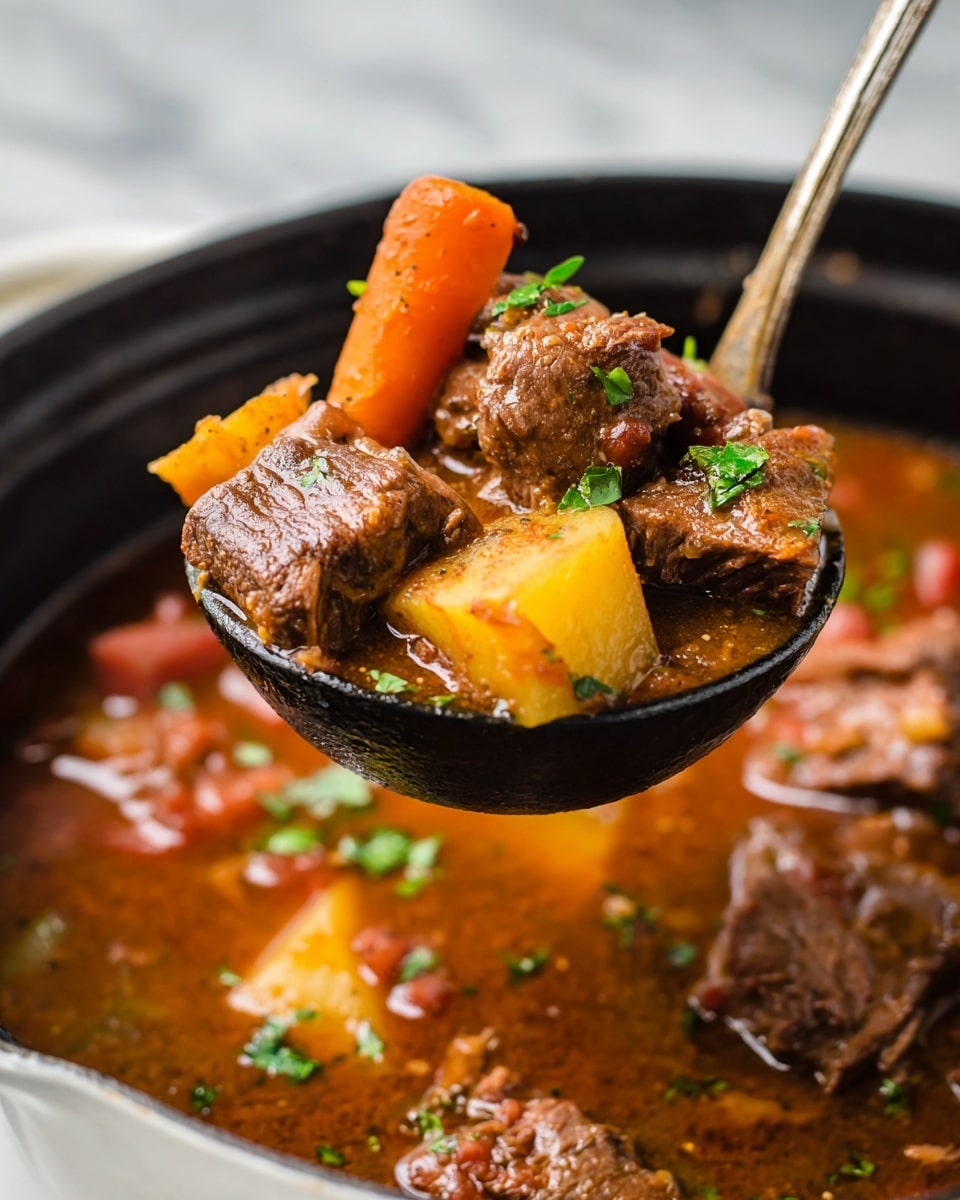 A black ladle holds a thick brown stew filled with large chunks of tender meat, an orange carrot, and a yellow potato piece, all topped with small green herbs. The stew looks rich and hearty with visible bits of tomatoes and other vegetables in the sauce. The ladle is above a bowl filled with more stew, set against a white marbled background. photo taken with an iphone --ar 4:5 --v 7
