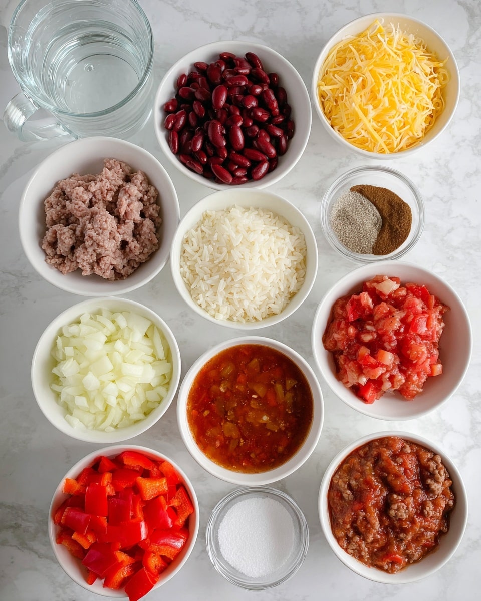 The image shows nine small white bowls arranged on a white marbled surface. The bowls contain different ingredients: one bowl with dark red kidney beans in water, one with finely shredded yellow and white cheese, one with light brown ground meat, one with cooked white rice, one holding bright red diced bell peppers, one filled with diced white onions, one with chunky red diced tomatoes in sauce, one with a dark brown spice powder, and two small bowls with white granulated substances, likely salt and garlic powder. There is also a clear plastic container with water in the top left corner. The ingredients are organized neatly and clearly visible. photo taken with an iphone --ar 4:5 --v 7