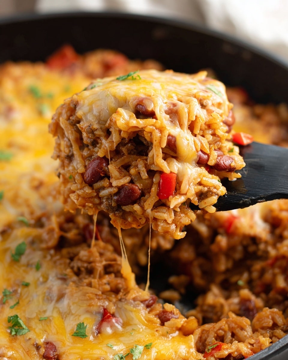 A close-up view of a black pan filled with a cheesy rice dish being lifted by a black pasta server spoon. The dish has two main layers: the bottom layer is a mix of rice, red beans, small pieces of red bell pepper, and ground meat, all cooked and mixed together in a reddish-brown sauce. The top layer is melted cheese, golden and slightly stretchy, covering the rice mixture and garnished with small green herb bits. The background shows the rest of the cheesy rice dish in the pan, with the white marbled surface faintly visible. photo taken with an iphone --ar 4:5 --v 7