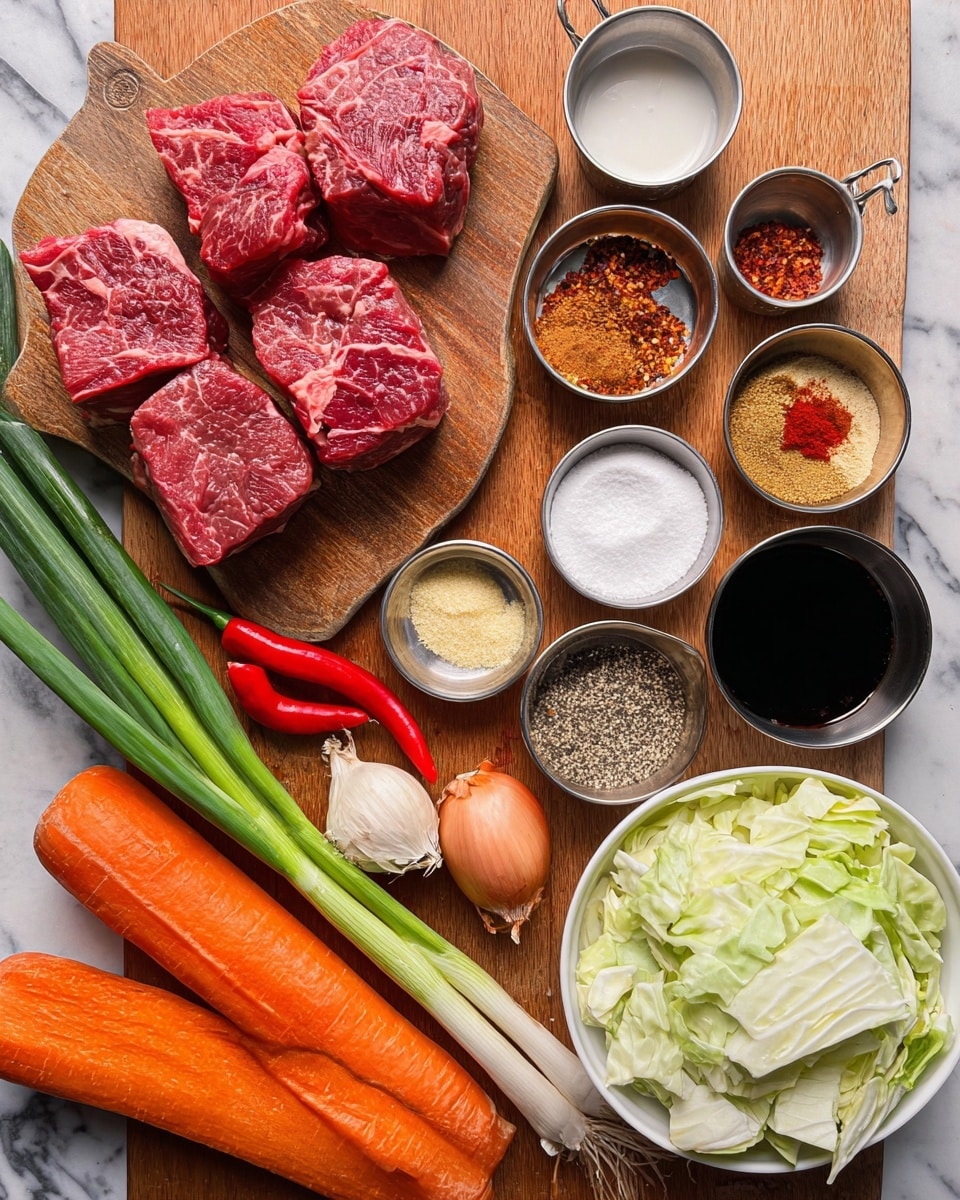 The image shows raw steak pieces placed on a wooden cutting board at the top center. Around the steak, there are small bowls and metal cups containing white salt, chili flakes, garlic powder, soy sauce, a clear liquid, flour, black pepper, paprika, and a creamy white substance. There are also two large orange carrots and one smaller carrot at the bottom left, with three green onions beside them. In the bottom right, there is a white bowl filled with roughly cut pieces of light green cabbage. Nearby, there are two garlic cloves and a small red onion. Two red chili peppers are placed diagonally on the wooden surface. The entire scene is set on a white marbled background. photo taken with an iphone --ar 4:5 --v 7