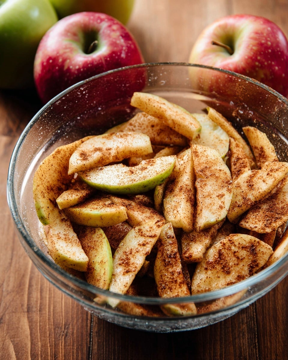 A clear glass bowl holds many thin slices of light green and yellow apples, each piece covered with a layer of brown cinnamon and sugar spice mix, giving them a slightly rough texture. The apple slices are arranged loosely inside the bowl, showing some overlapping and mixing. Behind the bowl are three whole apples, each with red and green skin, resting on a wooden surface. The setting is warm and natural, with the spices on the apples creating a speckled pattern. Photo taken with an iphone --ar 4:5 --v 7