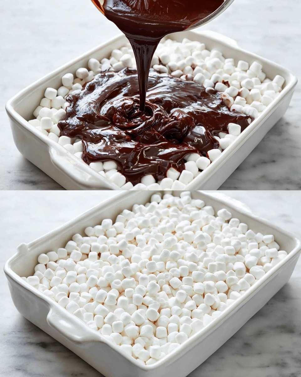 The image shows a white rectangular baking dish filled with a thick layer of small white marshmallows that completely cover the surface. In the second part of the image, a rich, dark chocolate sauce is being poured in the center of the marshmallows, spreading out slowly over the white top layer. The marshmallows form the topmost layer, contrasting with the glossy, smooth, dark chocolate being added. The dish is placed on a white marbled surface. photo taken with an iphone --ar 4:5 --v 7