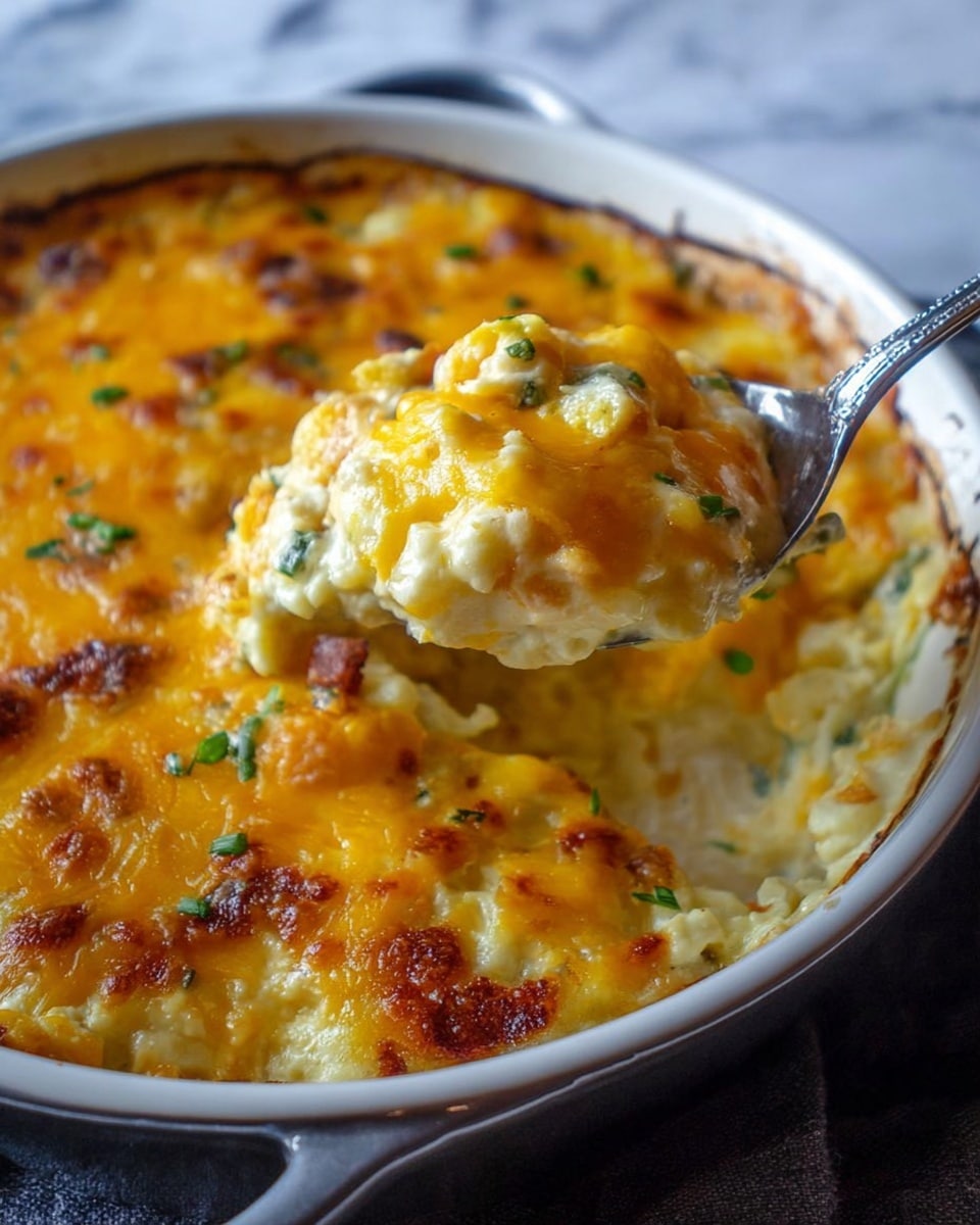 The image shows a creamy cheesy casserole in a deep white dish, with a close-up of a spoon lifting a large scoop. The dish has layers of melted cheese in golden yellow and white colors, with bits of green herbs scattered throughout. The texture is thick and smooth with some small chunky pieces visible, and the cheese appears slightly browned on top. The background features a white marbled surface, adding a clean look to the photo taken with an iphone --ar 4:5 --v 7