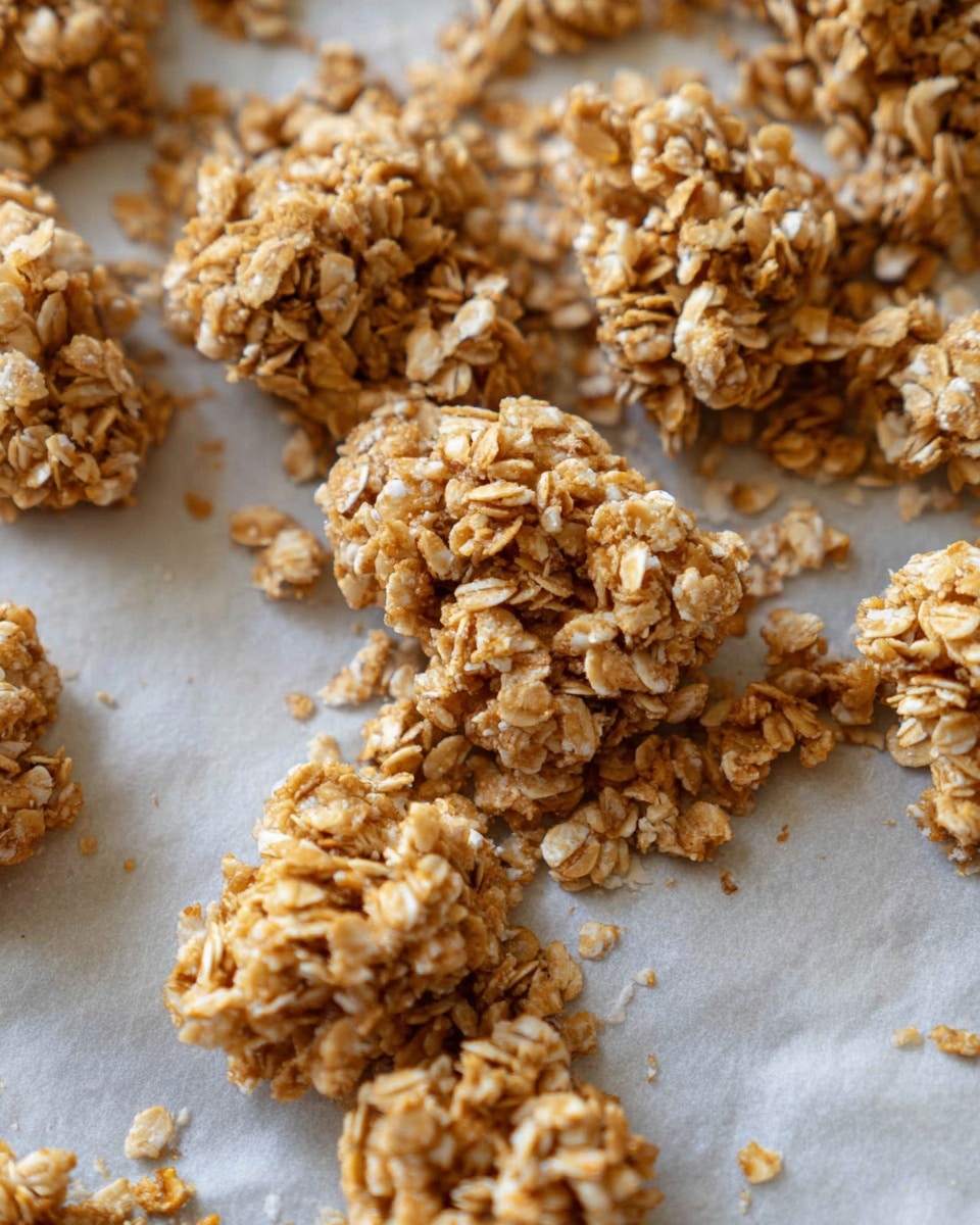 The image shows several rough clusters of light brown oat granola scattered close together. Each cluster is made of small oats stuck together, giving a grainy texture with uneven shapes. The oats vary in color from pale beige to a deeper caramel brown, showing slight crispiness. The granola pieces rest on a sheet that has a soft white marbled texture, with some crumbs scattered around. The overall look is rustic and natural, focusing on the dry, crunchy oat clumps. photo taken with an iphone --ar 4:5 --v 7