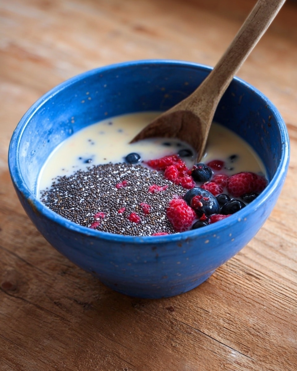 A bright blue bowl with three visible layers: the bottom layer is filled with light tan milk, the middle layer contains dark black chia seeds spread thickly over half of the milk, and the top layer has scattered red raspberries and dark blueberries partially submerged in the milk. A wooden spoon rests inside the bowl, leaning against the side, and the bowl is placed on a wooden surface. photo taken with an iphone --ar 4:5 --v 7