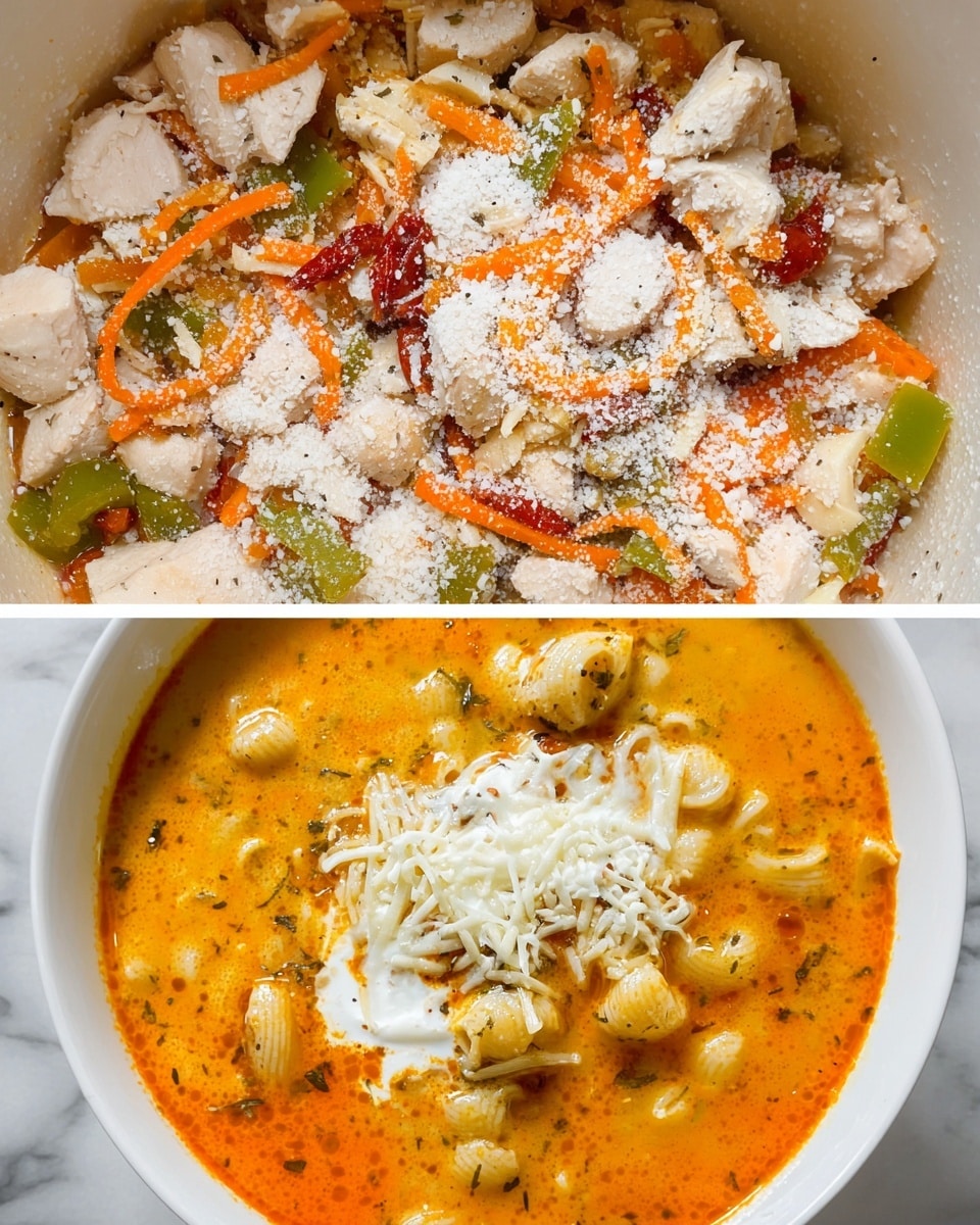 The first image shows a close-up of a white bowl filled with chopped cooked white meat pieces mixed with thin orange carrot strips, green bell pepper slices, and small bits of red sun-dried tomatoes, all sprinkled with a white powdery substance on top. The second image shows a white bowl filled with a thick orange-yellow soup with small pieces of meat and pasta shells visible inside. On top of the soup, there is a creamy dollop of white sour cream topped with shredded pale yellow cheese, with some darker herbs floating in the soup. The background is a white marbled surface. photo taken with an iphone --ar 4:5 --v 7