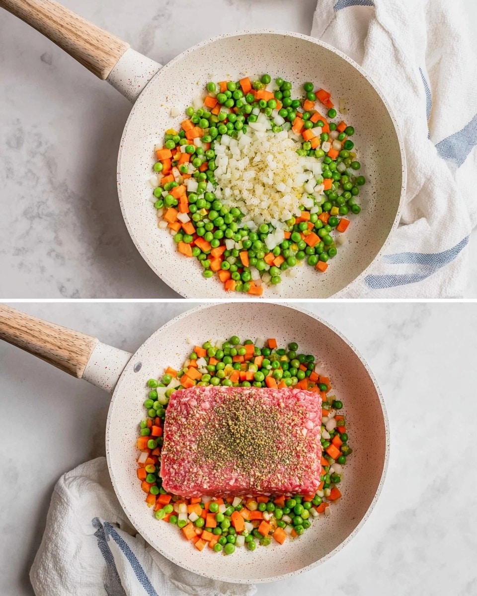 The image shows two white speckled pans with light wood-patterned handles on a white marbled surface, next to a white cloth with blue stripes. The first pan contains three layers: a base layer of melted butter with small diced white onions in the center, surrounded by bright green peas and small orange carrot cubes, all mixed evenly. The second pan includes the same vegetable layer at the bottom, topped with a large rectangular piece of raw pink minced meat, sprinkled with a variety of dry spices including light brown, dark green, and white powders. Photo taken with an iphone --ar 4:5 --v 7