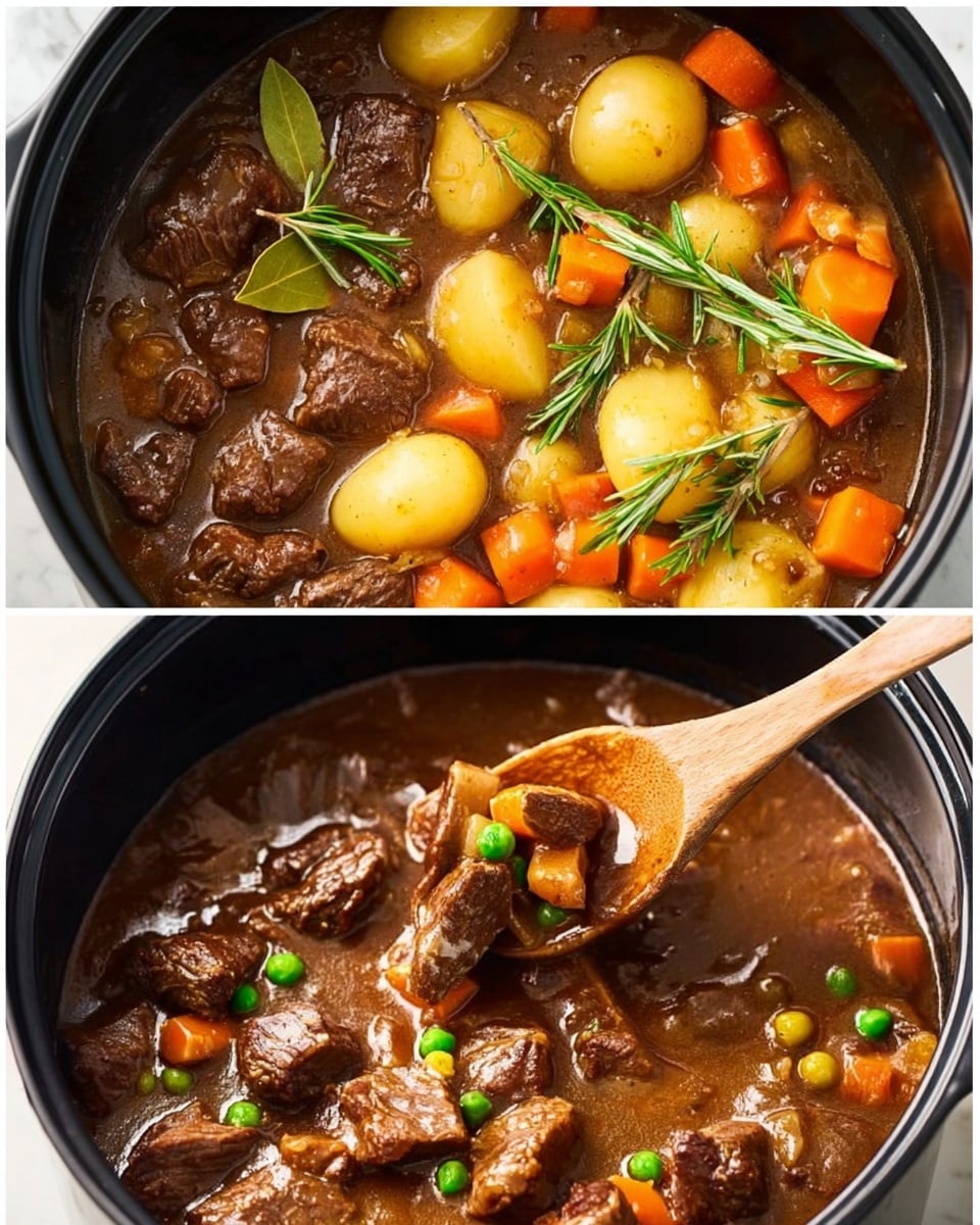 The image shows two close-up views of a beef stew in a black pot set on a white marbled surface. The first view displays visible layers of soft beef chunks in a dark brown broth mixed with small round slices of yellow potatoes and bright orange carrot pieces, accompanied by fresh green rosemary sprigs and two bay leaves on top. The second view highlights a thicker stew with beef pieces, small whole potatoes, softened carrot chunks, and green peas, with a wooden spoon lifting some of the stew, showing the rich brown sauce coating the ingredients. photo taken with an iphone --ar 4:5 --v 7