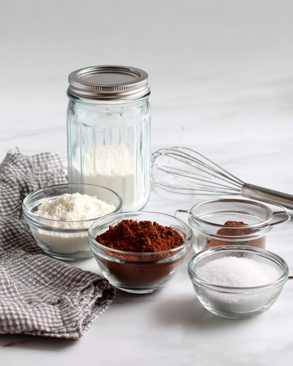 The image shows an empty tall glass jar with its metal lid placed behind it on a white marbled surface. In front of the jar, there are four clear glass bowls each filled with different powders: one contains a fine white powder, another has a light brown powder, the third bowl holds a rich cocoa brown powder, and the smallest bowl is filled with white granulated sugar. To the right side of the bowls, there is a small metal sieve resting on a gray and white checkered cloth, next to a metal whisk. The setup is clean and organized with soft lighting, photo taken with an iphone --ar 4:5 --v 7