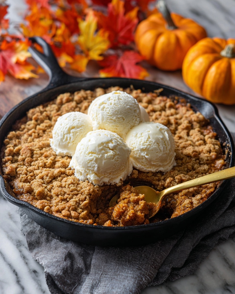 A black cast iron pan holds a three-layer dessert. The bottom layer is a moist, soft pumpkin filling in a deep orange-brown color, covered by a thicker, crumbly, golden-brown streusel topping with a rough texture. On top, there are three smooth, round scoops of creamy vanilla ice cream, bright white and slightly melting on the edges. A golden spoon is digging into the dessert from the right side. The pan sits on a gray cloth on a white marbled surface, with some small orange pumpkins and colorful autumn leaves blurred in the background. Photo taken with an iphone --ar 4:5 --v 7