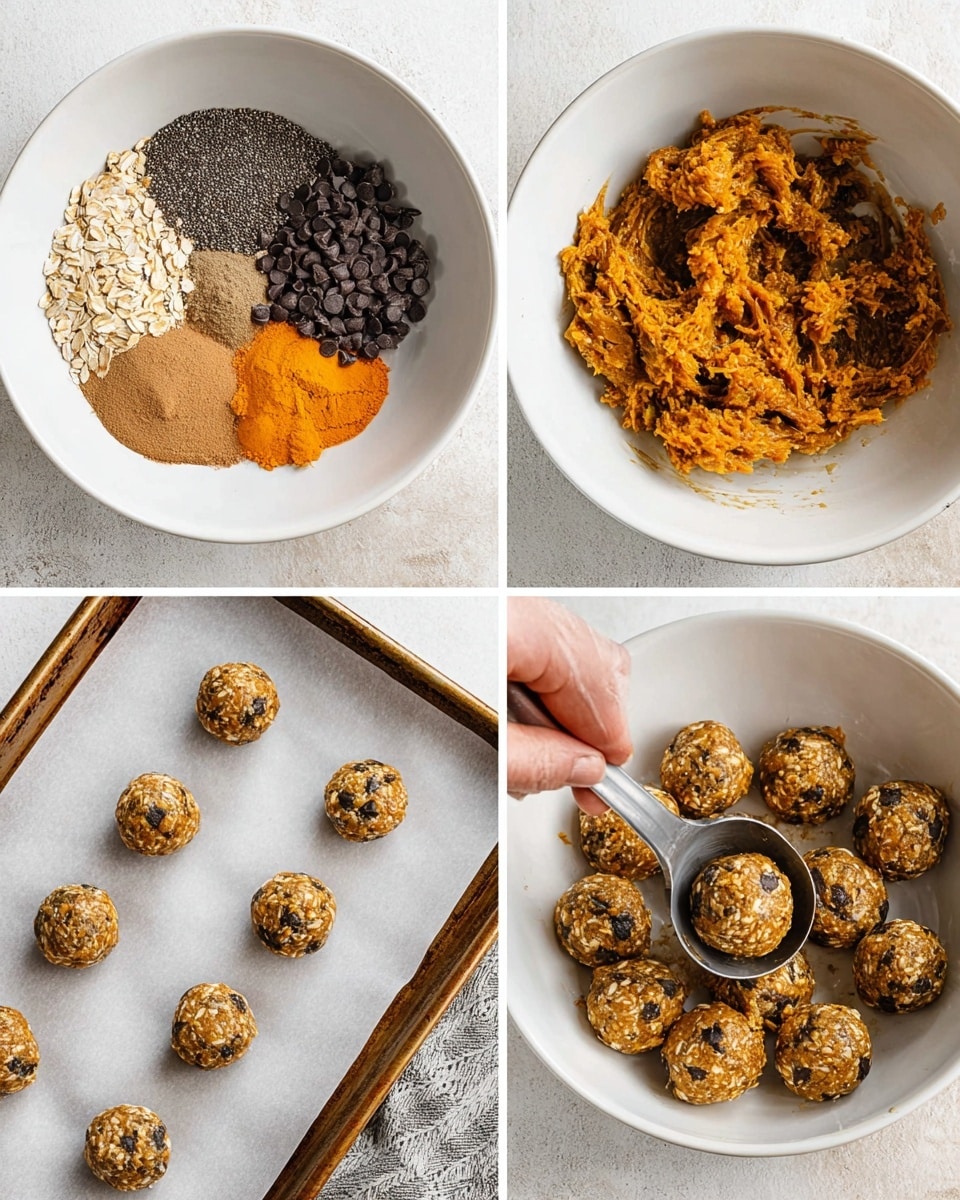The image shows three steps of making energy balls. The first step is a white bowl with eight separate layers of ingredients including light brown powder, dark brown chocolate chips, smooth light brown almond butter, beige oats, bright orange pumpkin puree, dark chia seeds, and some spices in small piles arranged side by side. The second step shows the same white bowl but now the ingredients are mixed together into a chunky, sticky orange-brown dough with visible oats and chocolate chips. The final step shows small round balls made from the dough placed on white parchment paper over a metal baking tray, with a metal scoop in woman's hand holding one ball near the center. Photo taken with an iphone --ar 4:5 --v 7