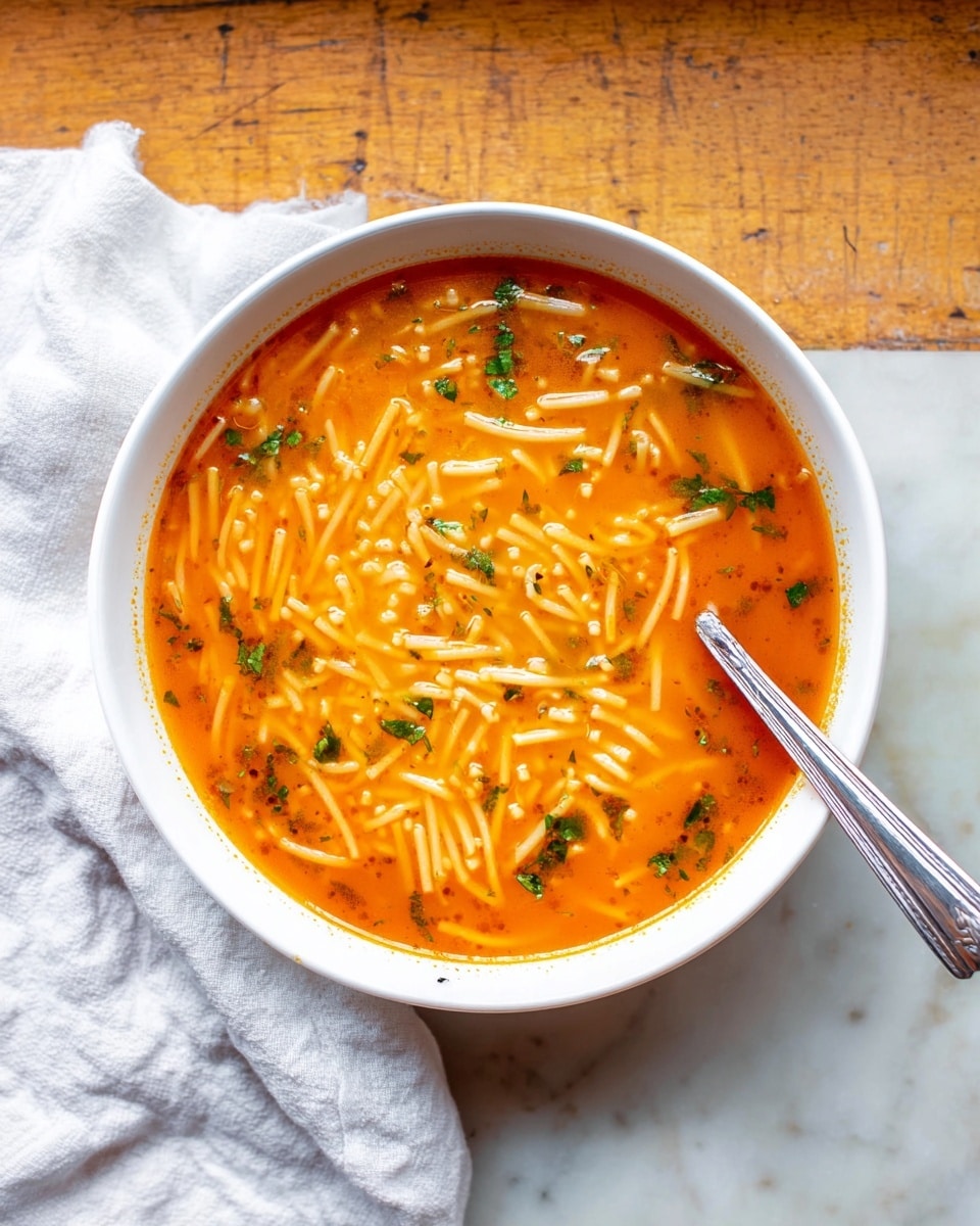 A white bowl holds a bright orange soup filled with short, thin noodles evenly spread throughout the soup. Small green herb pieces are sprinkled on top, adding a fresh color contrast. A metal spoon rests inside the bowl on the right side, and a white cloth is placed on the white marbled surface beneath it. The image is taken from above, highlighting the smooth texture of the soup and the rough texture of the noodles photo taken with an iphone --ar 4:5 --v 7
