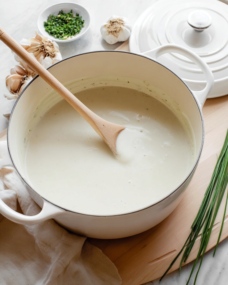 A large white pot filled with thick, creamy white soup with a smooth texture sits on a light wood surface. A wooden spoon with a slender light brown handle rests inside the pot, partially submerged in the soup. Around the pot, there is a white bowl in the background, a small white dish filled with chopped green herbs, a whole garlic bulb with a cut top showing the cloves, and some long, fresh green chives. The scene is set on a white marbled textured table. photo taken with an iphone --ar 4:5 --v 7