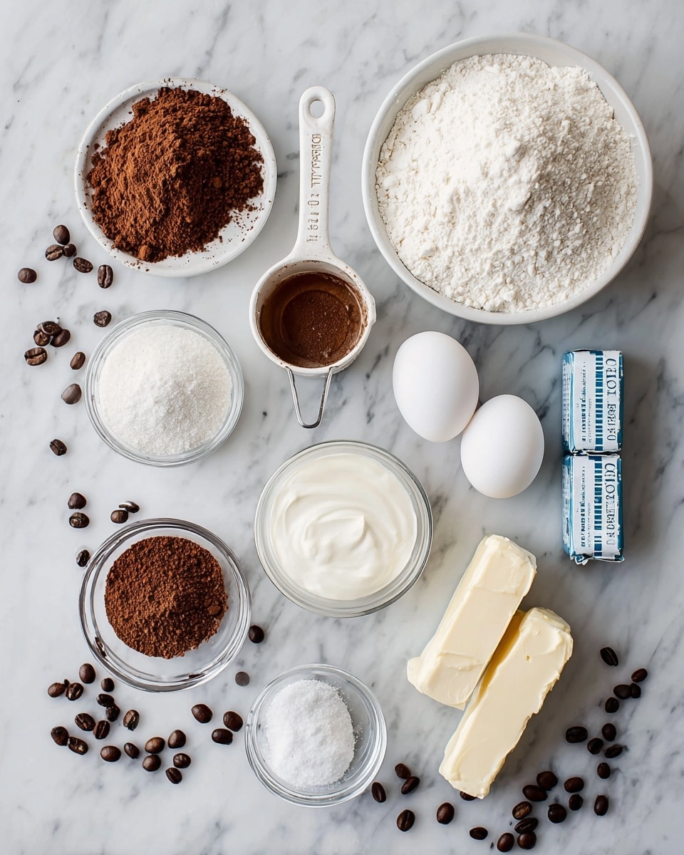 The image shows various baking ingredients arranged neatly on a white marbled surface. There is one large white bowl filled with white powdered sugar on the upper right, two sticks of butter with blue and white wrapping placed vertically near the right side, and two white eggs placed close to the center. In the center, there is a white measuring cup filled with brown cocoa powder and a smaller white measuring spoon beside it holding a small amount of vanilla extract. Below the eggs is a clear small bowl with white salt and baking powder, and near it is a bigger clear bowl filled with brown coffee powder. A clear small bowl with white cream is placed towards the upper middle left, and a white measuring cup filled with granulated white sugar is near the bottom. Coffee beans are scattered around all the ingredients across the surface. photo taken with an iphone --ar 4:5 --v 7