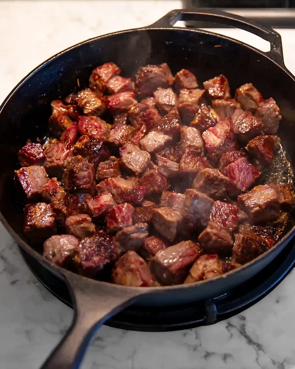 The image shows a black cast iron skillet filled with many small pieces of browned meat cooking on a stove. The meat pieces are chunky, irregular in shape, and have a mix of dark brown seared edges and lighter reddish centers. The skillet has two handles, one large and one smaller. The background is a white marbled surface visible around the stove edges. photo taken with an iphone --ar 4:5 --v 7