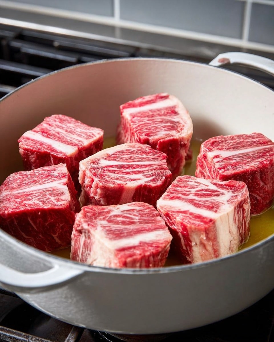 The image shows eight thick chunks of raw beef with white marbled fat patterns, arranged evenly in a round white pot on a stove. The beef pieces are deep red with bright white fat lining the sides and tops, sitting in a shallow layer of light yellow oil at the bottom of the pot. The pot has a smooth white interior and matte white exterior, contrasting with the dark metal stove beneath it and a blurred gray tiled wall in the background. The pieces are spaced apart in a circular pattern, some showing flat surfaces while others reveal rounded edges. photo taken with an iphone --ar 4:5 --v 7