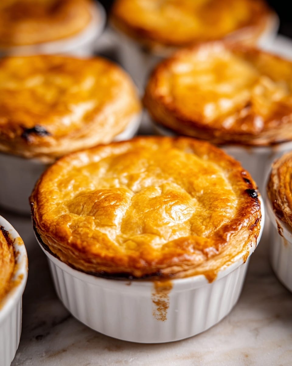 The image shows several small pies in white ramekins, each with one golden brown, crispy top pastry layer that is slightly cracked and puffed up in places. The flaky crust on top has a warm orange-yellow color with some lighter golden highlights. The edges of the crust show a darker, slightly toasted color, and some pie filling has spilled a little around the white ramekin rims, creating dark caramelized spots. The ramekins are placed close together on a white marbled surface, and the photo is taken up close to highlight the texture of the pastry. photo taken with an iphone --ar 4:5 --v 7