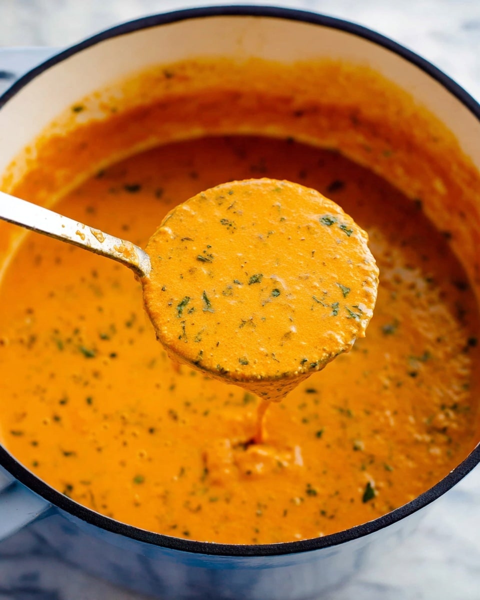 A close-up view of an orange soup with green herbs mixed inside, held in a white pot with a dark rim around the top edge, showing a thick, slightly chunky texture. A metal ladle lifts some of the soup, revealing the creamy, speckled surface with hints of herbs evenly spread throughout. The pot is placed on a white marbled surface that contrasts softly with the bright color of the soup. photo taken with an iphone --ar 4:5 --v 7